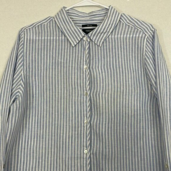 Jones New York Linen Top, Button Front, Blue and White Stripe, Large - Picture 2 of 11